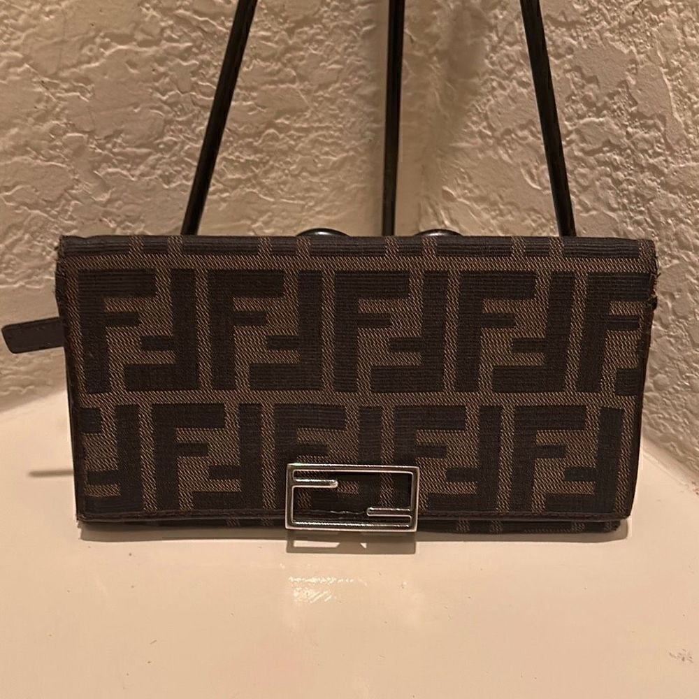 Fendi Women's Long Wallet Brown Zucca Logo Print Silver Clasp Closure